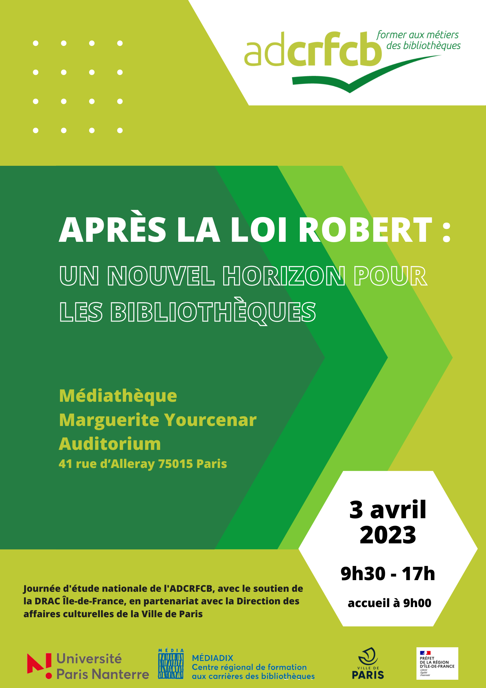 Affiche de la journée d'étude de l'ADCRFCB sur la loi Robert et les bibliothèques